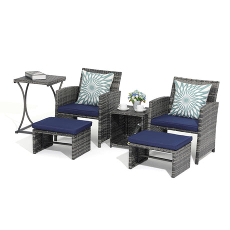OC Orange-Casual 6 Piece Patio Furniture Conversation Set with Ottoman, Outdoor Grey Wicker Chair and Table Set, Balcony Furniture for Apartments, Navy Blue OC Orange-Casual