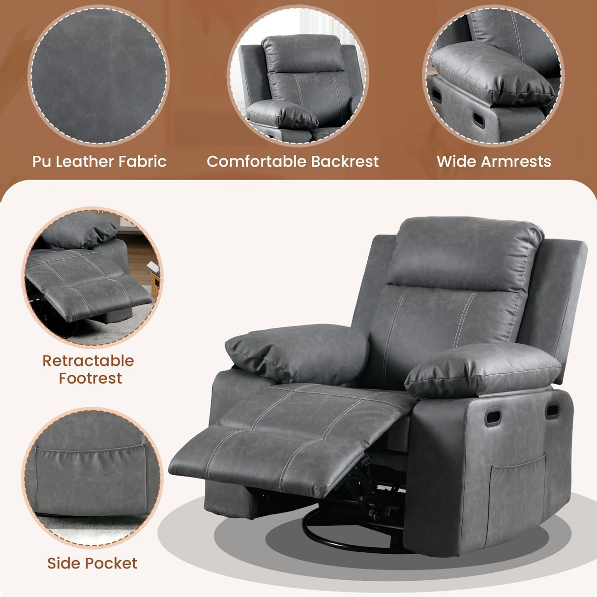 Massage Recliner Chair for Adults,360 Degree Manual Swivel Rocker Recliner with Heat and Vibration,PU Leather Glider Rocking Reclining Chair for Home Theater Seating,Lounge,Nursery,Living Room(Grey) JEEOHEY