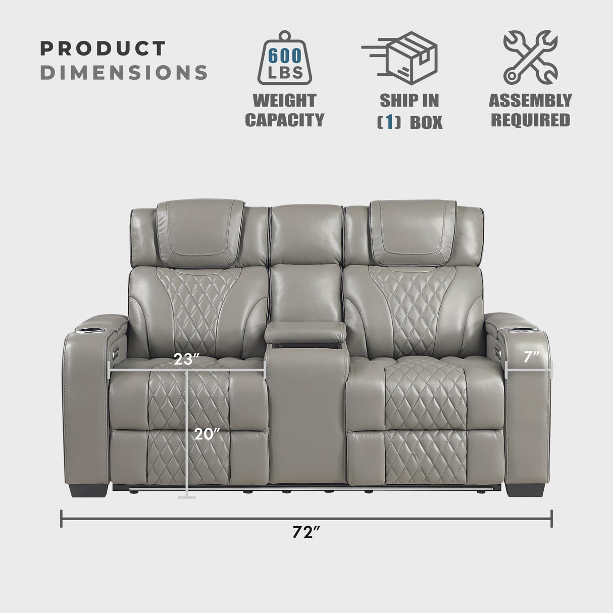 Lexicon Power Double Reclining Loveseat, Center Console/Heat/Massage/Headrest/Storage Arms/Cup Holders/LED Lights/Wireless Charging, Top Grain Leather Match Wall Hugger Recliner Loveseat, Grey Lexicon