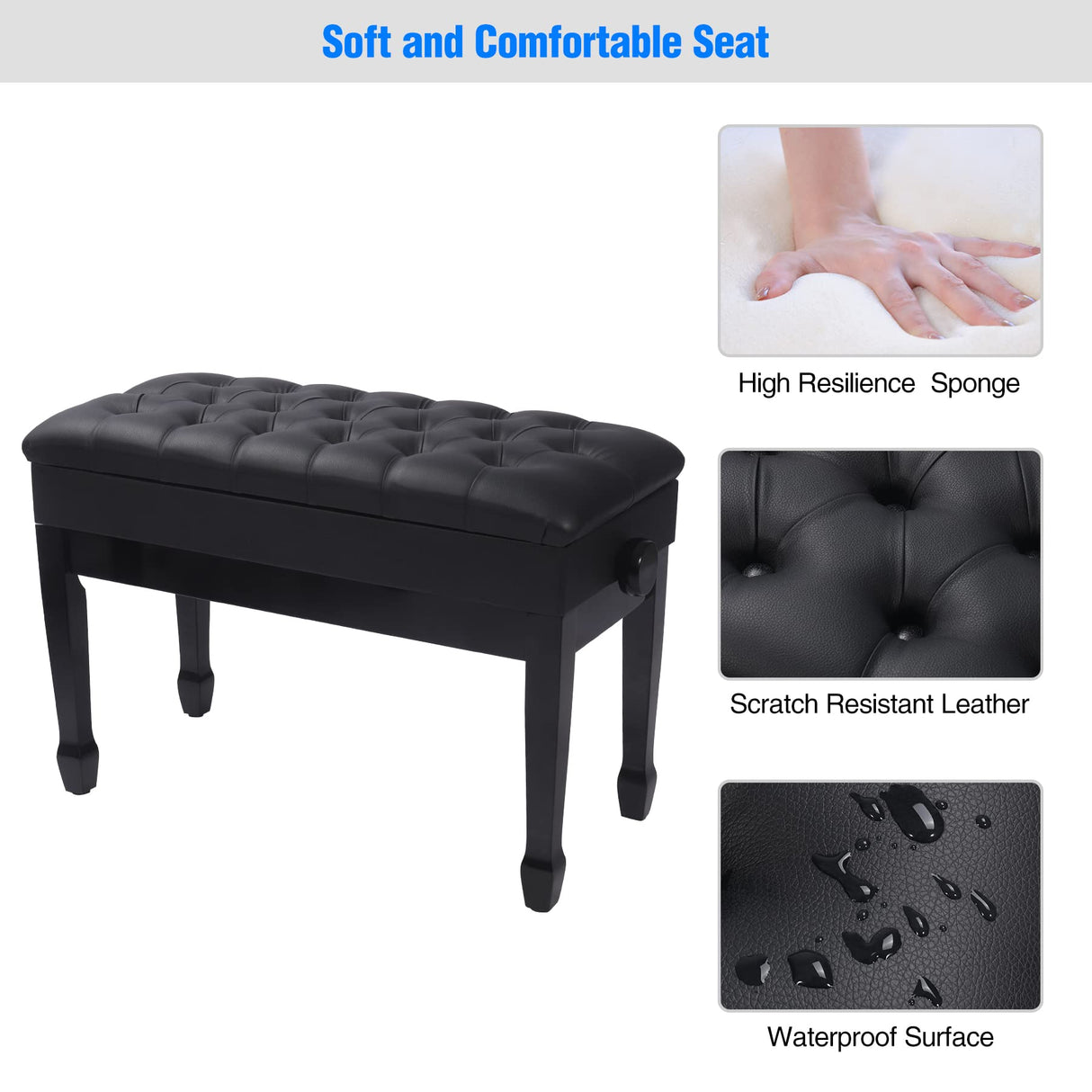 AKVOMBI Adjustable Duet Piano Bench with Storage, Heavy Duty Double Piano Benches with Leather Cushion, Black Piano Bench for Adults, 13.8" D x 31.5" AKVOMBI