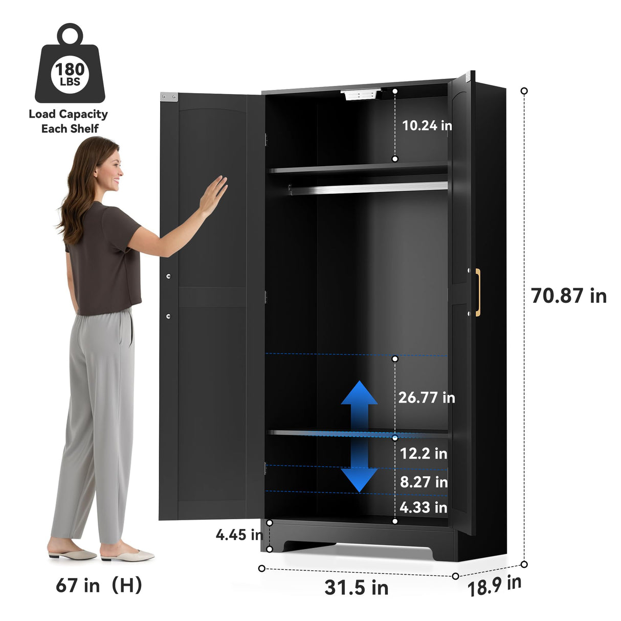 Wooden Armoire Wardrobe Closet, Wardrobe Cabinet with Door and Shelves, Freestanding Bedroom Armoires Clothing Storage Cabinet with Hanging Rod for Bedroom, Laundry Room, Cloak Room（Black） Honsiva