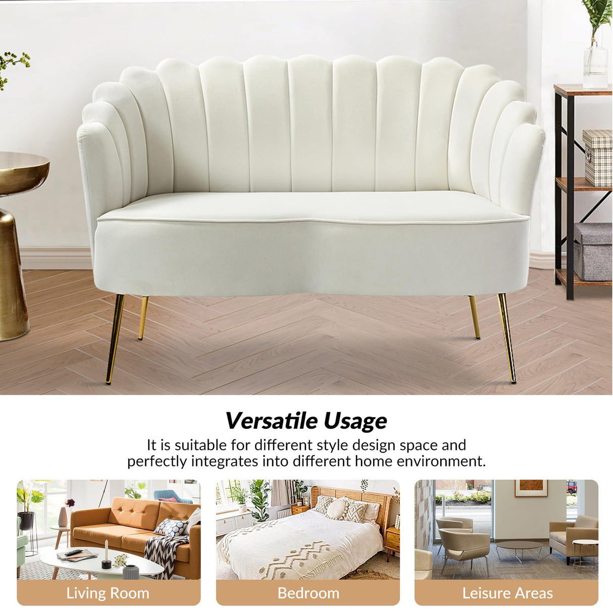 HULALA HOME Modern Velvet Loveseat Sofa with Flower Shaped Back, Comfy Upholstered 2-Seater Sofa with Gold Metal Legs, Small Love Seat Accent Couch for Living Bedroom Leisure Areas, Ivory HULALA HOME