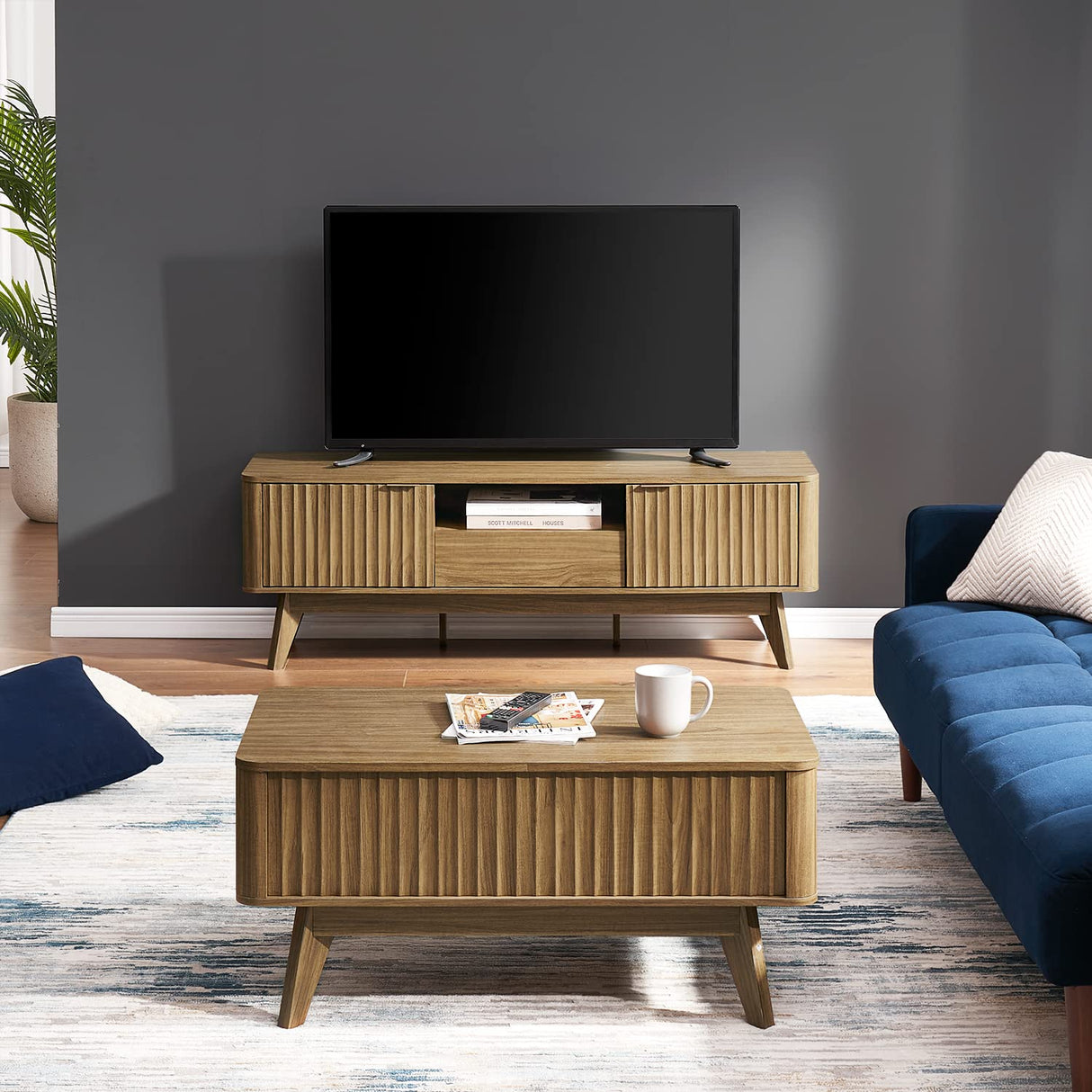 mopio Brooklyn Coffee Table, Lift Top Coffee Tables for Living Room, Mid Century, Modern Farmhouse Center Table with Lifting Top & Hidden Storage, Fluted Panel, Rising Pull Up Dining Table (Walnut) mopio