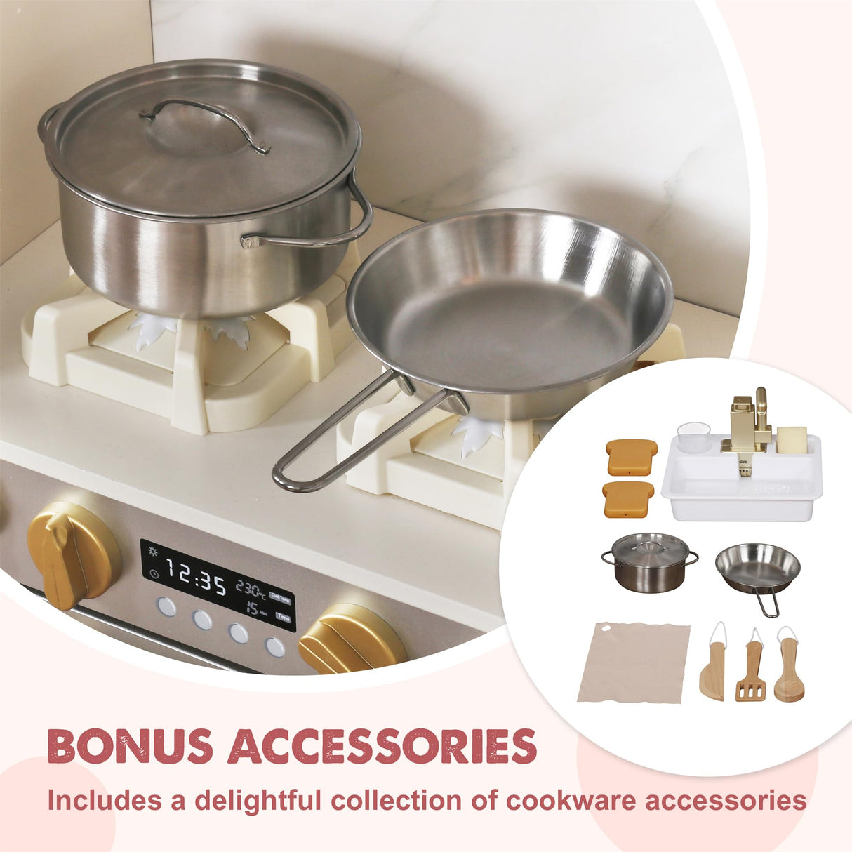 Large Wooden Corner Play Kitchen Sets with Ice Maker,Water Dispenser,Bread Maker,Washing Machine,Electronic Display,Toy Sink with Running Water,Stove with Light&Sounds, Birthday Gift for 3+Boys Girls Buoyantkids