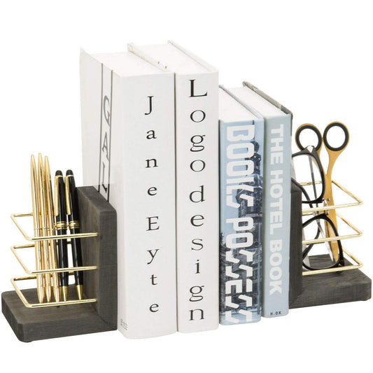 MyGift Vintage Gray Wood Decorative Bookends for Shelves with Brass Metal Wire Pencil Holder, Stationary Organizer Slots, 1 Pair