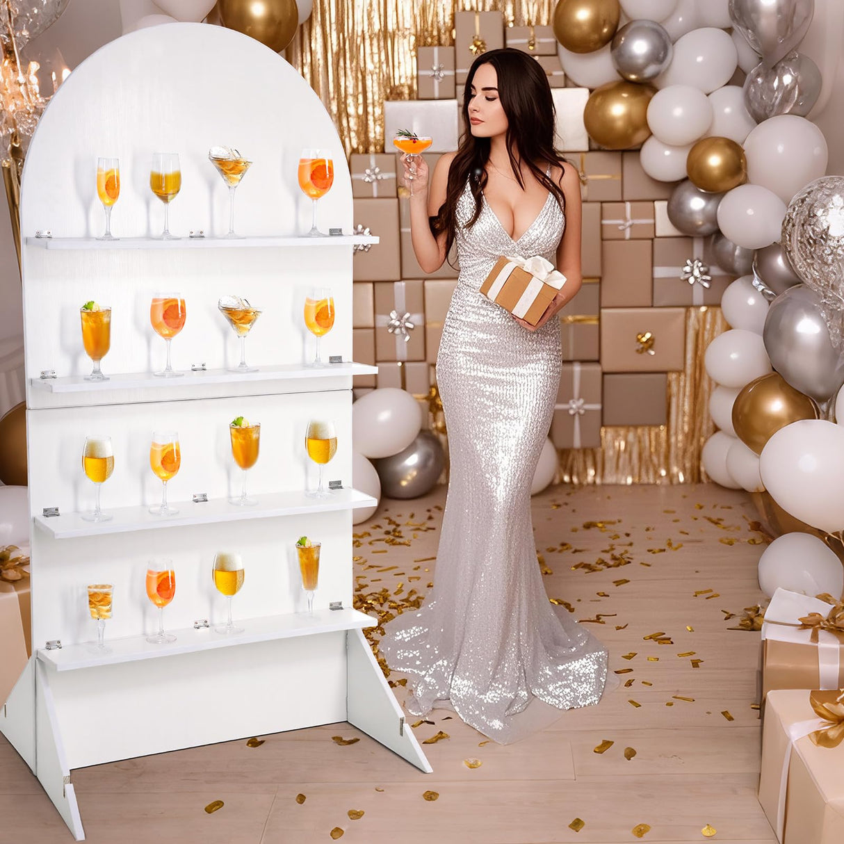 LOYIM 5.9 ft Wooden Arch Party Display 4 Tier Champagne Wall Foldable Treat Wall Display Backdrop Wedding Drink Shelves for Wedding Birthday Event Party Decor LOYIM