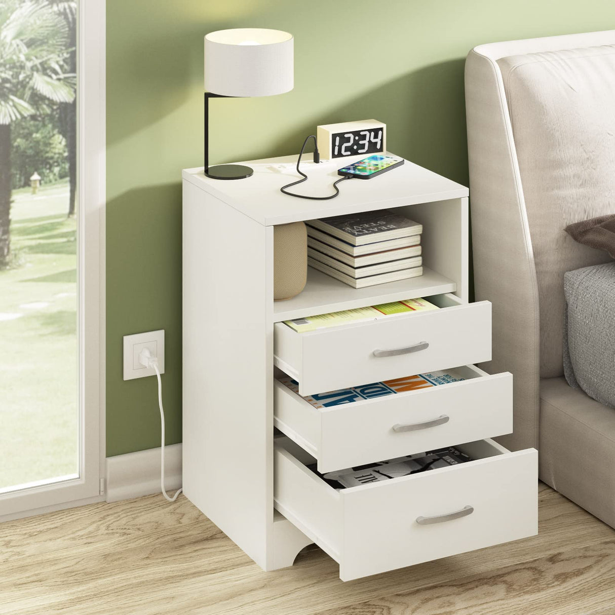 White Nightstand with Charging Station, Modern End Side Table with 3 Drawers, Wooden Cabinet Stand by Sofa, Bedside Tables for Bedroom with USB Ports Outlet & Open Storage HOSEOKA