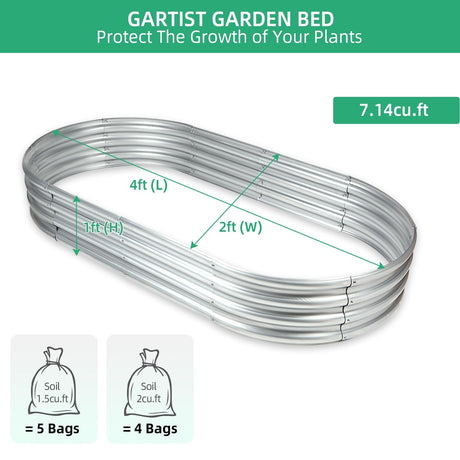 Gartist Galvanized Raised Garden Bed, 4x2x1 FT Thickening Raised Beds for Gardening, Oval Larger Space Planter Box for Outdoor for Herbs, Vegetables, Fruits Gartist