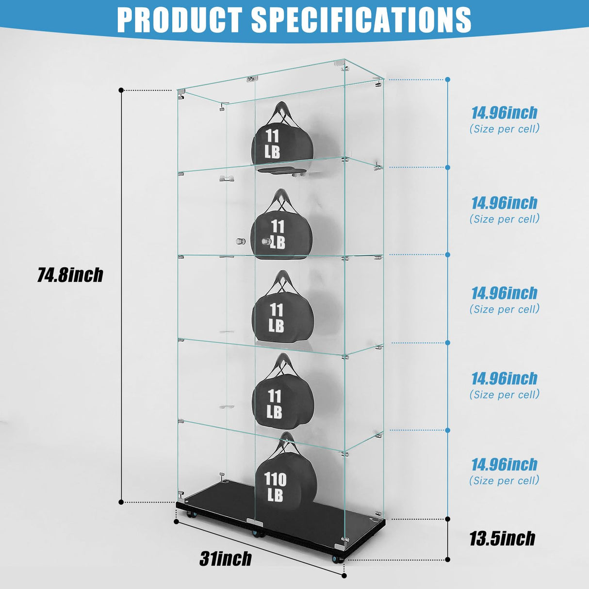 Fetuero Glass Display Cabinet,5 Shelves Double Doors LED Lights Curio Cabinet for Collection with Wheels, 74.8" High Glass Display Case for Living Room Bedroom Playroom Office,Black Fetuero