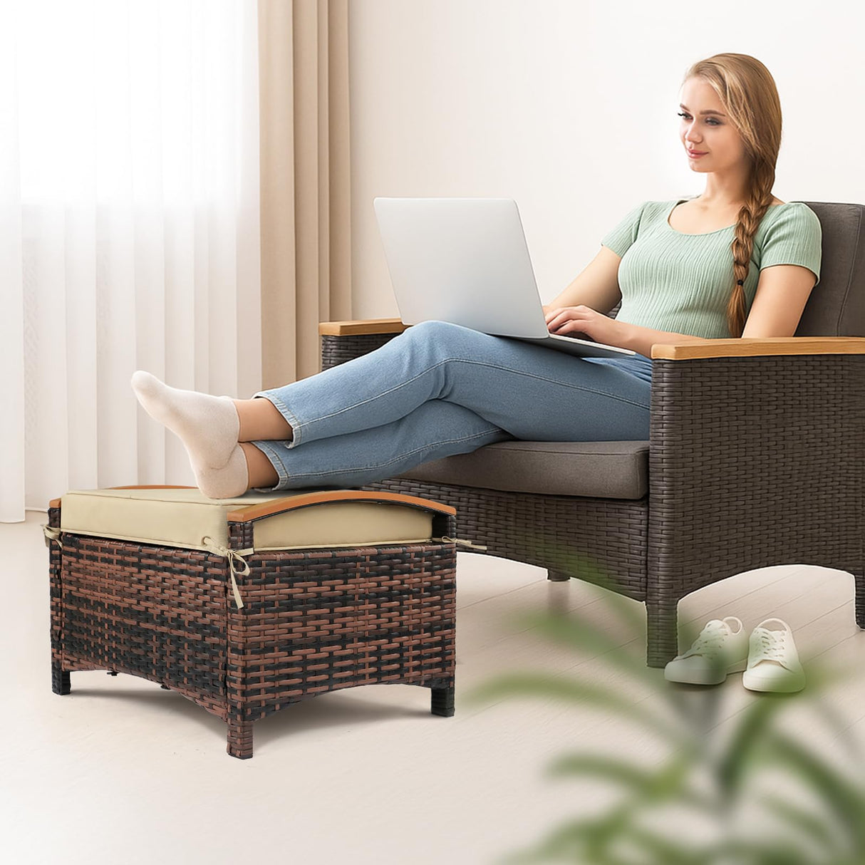 VINGLI Wicker Outdoor Ottoman Set of 2, All Weather PE Rattan Footstool for Patio w/Removable Cushions, Waterproof Rattan Foot Rest for Garden, Balcony, Poolside (Brown) VINGLI