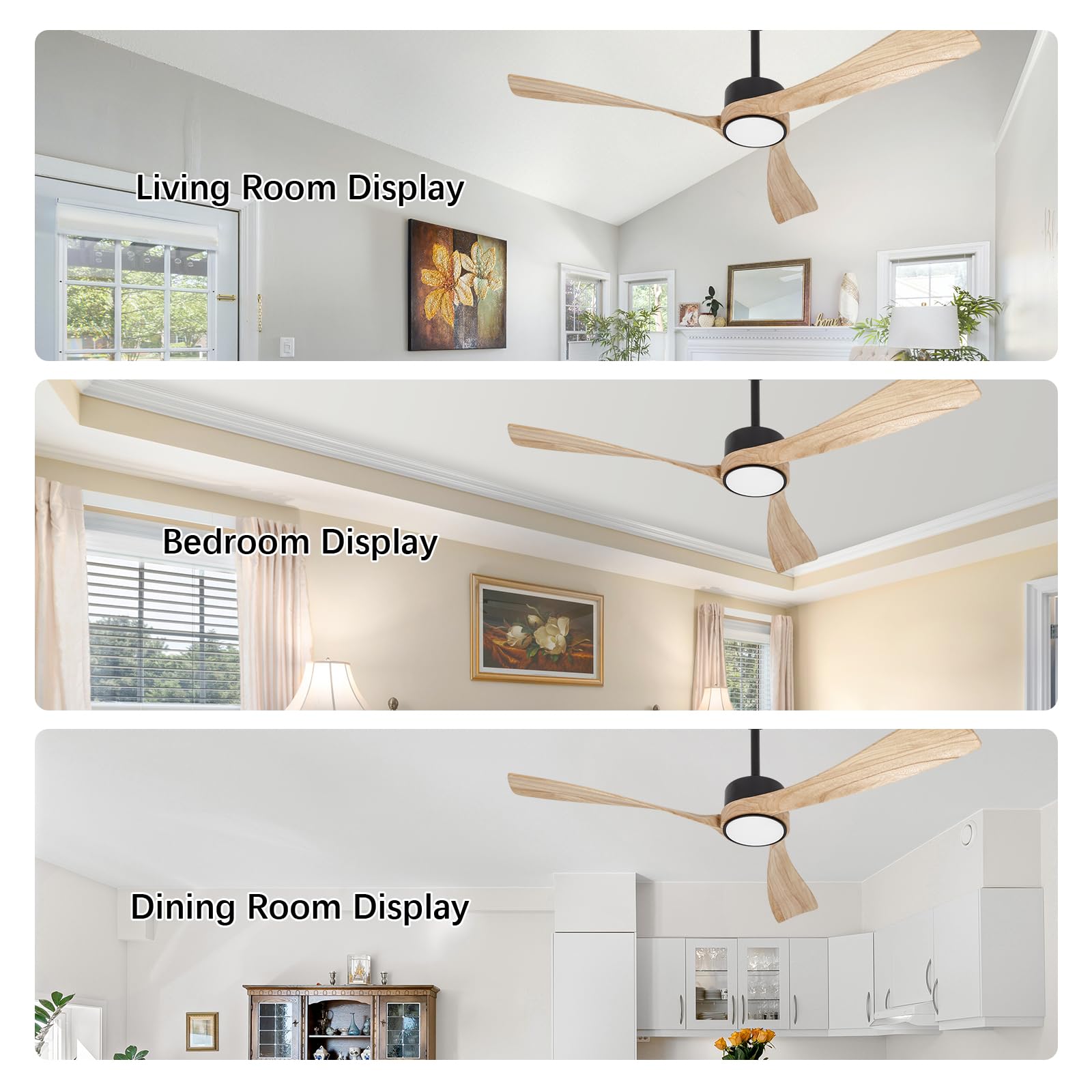 raccroc Wood 52in Flush Mount Ceiling Fans with Lights and Remote,22W LED Light,3 dark brown Wood Blades,6 Speeds,Reversible Quiet DC Motor - WoodArtSupply