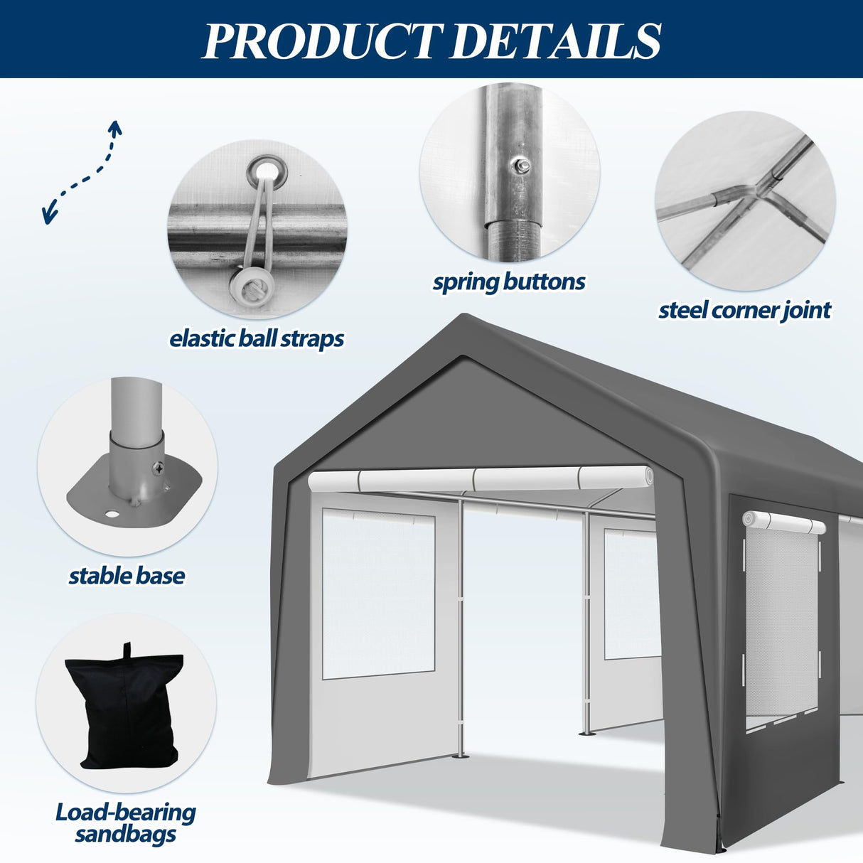 COVERONICS 12x20 FT Heavy Duty Carport Tent - Portable Outdoor Car Canopy with Roll-up Side Doors & Windows, Portable Garage with 4 Sandbags for Car, Truck and Outdoor Event, Gray COVERONICS