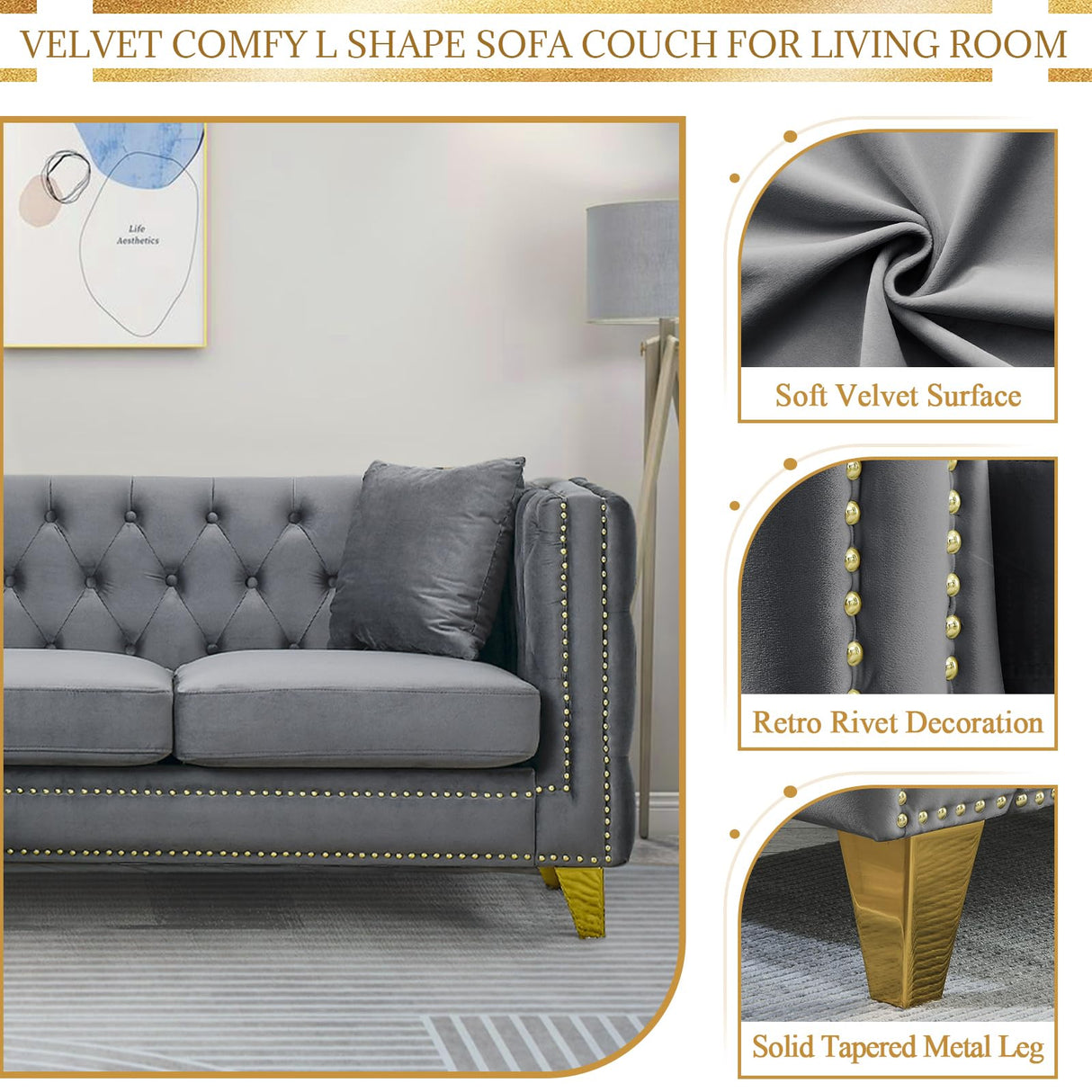Velvet L Shaped Sofa Couch, Upholstered Sectional Couch with Tufted Back and Rivet Decoration, Modern 5 Seater Corner Sofa with Golden Tapered Legs and 3 Pillows, Comfy Couches for Living Room, Gray KINFFICT