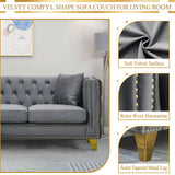 Velvet L Shaped Sofa Couch, Upholstered Sectional Couch with Tufted Back and Rivet Decoration, Modern 5 Seater Corner Sofa with Golden Tapered Legs and 3 Pillows, Comfy Couches for Living Room, Gray KINFFICT