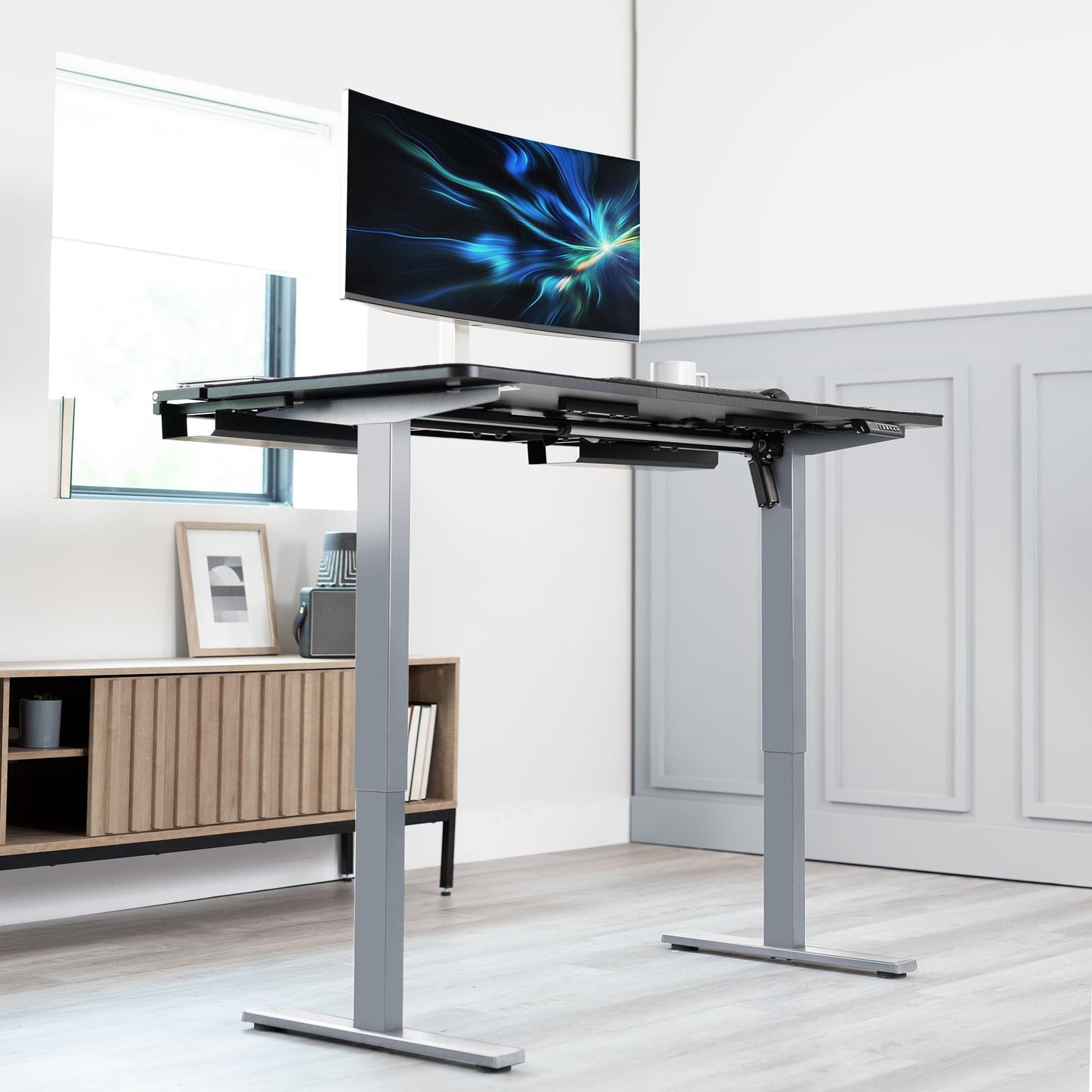 VIVO Electric Height Adjustable 60 x 30 inch Memory Stand Up Desk, Black Table Top with Built-in Concealed Cable Trays and Full-Size Pad, Gray Frame, - WoodArtSupply