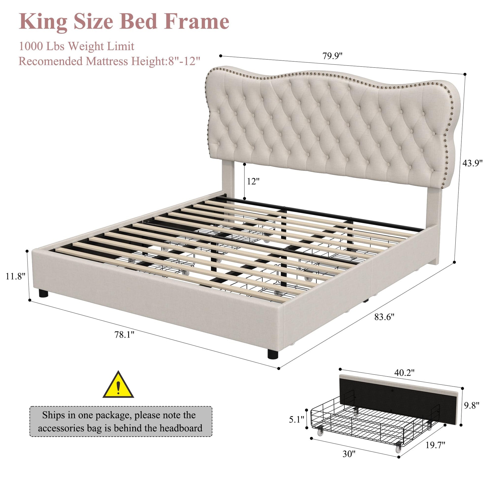 HOSTACK King Bed Frame with 4 Storage Drawers and Upholstered Button Tufted Headboard - Heavy Duty Mattress Foundation in Beige - WoodArtSupply