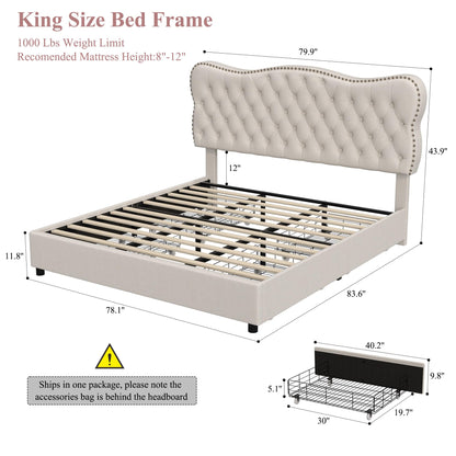 HOSTACK King Bed Frame with 4 Storage Drawers and Upholstered Button Tufted Headboard - Heavy Duty Mattress Foundation in Beige - WoodArtSupply