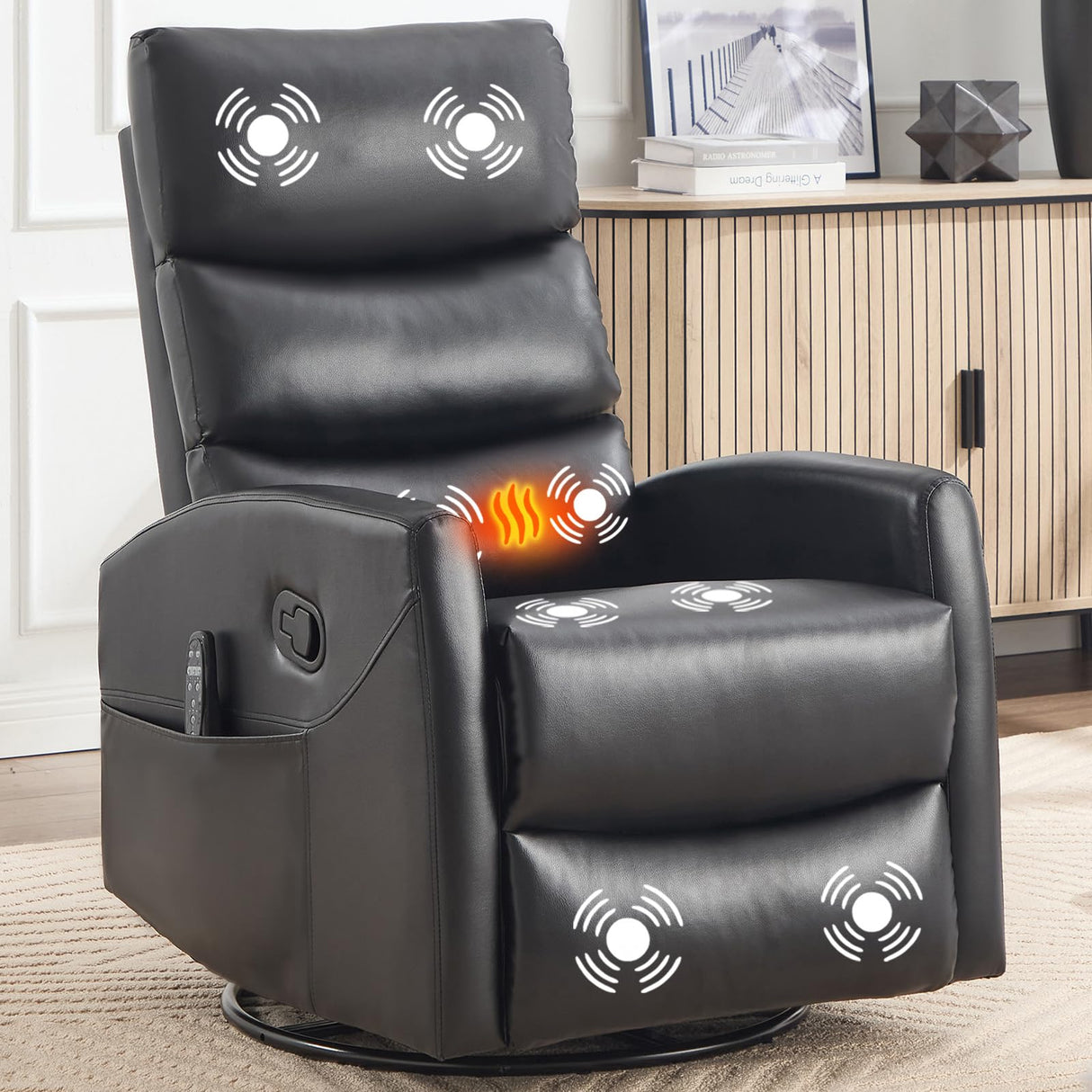 Massage Chair Recliner with Heat, Swivel Rocking Chair Recliner with High Back, Manual Lazy Boy Recliners for Adults,Small Recliner Chair for Small Spaces, Living Room Bedroom, Fabric (Black) Thctvous