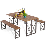 Tangkula 3 Piece Picnic Table Bench Set, Outdoor Acacia Wood Picnic Table with 2 Benches, 2-Inch Umbrella Hole, Heavy-Duty Metal Frame, Space-Saving Outside Table and Bench Set for Backyard, Patio Tangkula