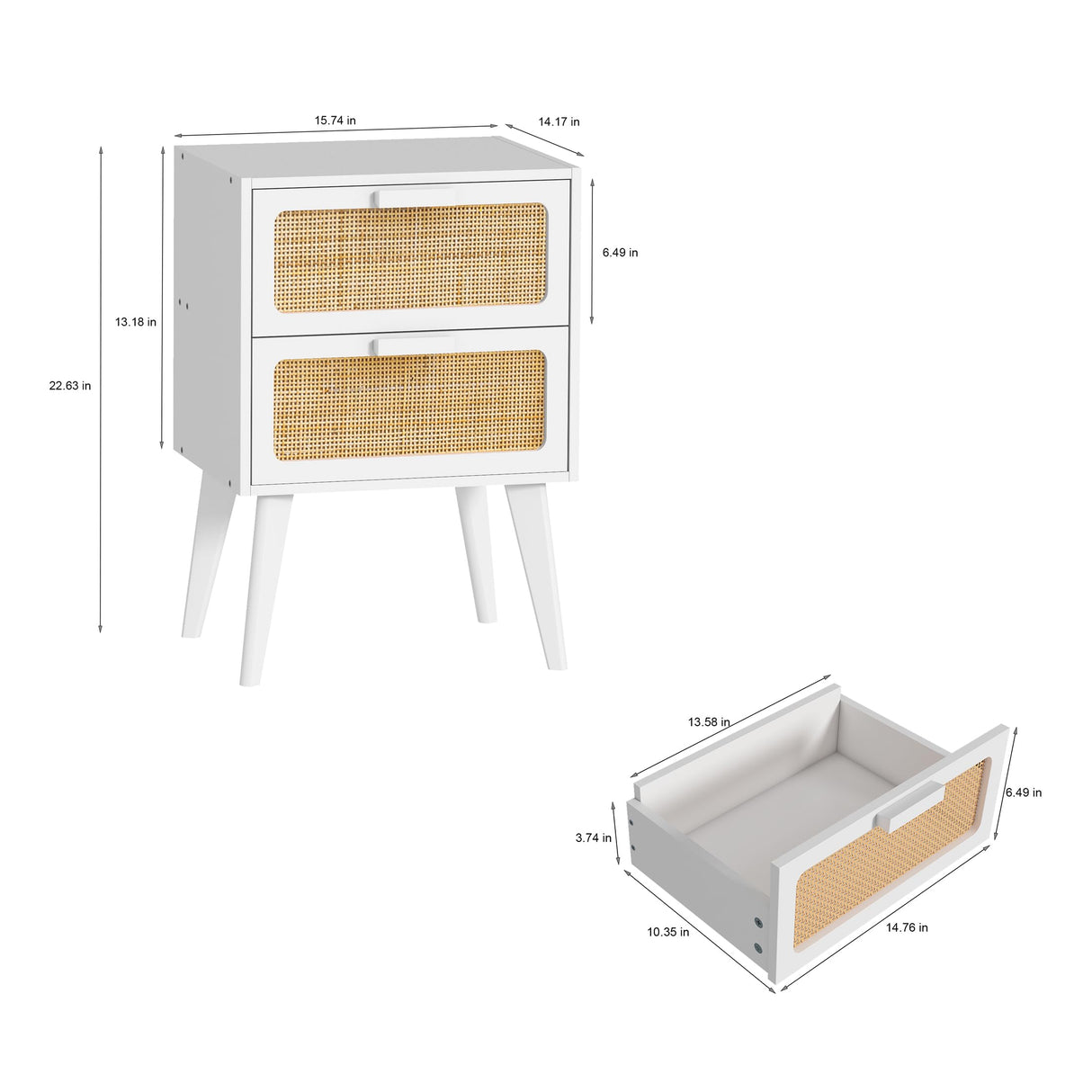 YAUKOMEL Rattan Nightstand, Wood End Table, Side Table with 2 Hand Made Rattan Decorated Drawers,Boho Bedside Table,Wood Accent Table with Storage for Livingroom, Bedroom, White CTG59W YAUKOMEL