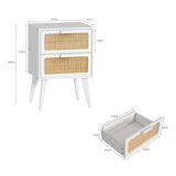 YAUKOMEL Rattan Nightstand, Wood End Table, Side Table with 2 Hand Made Rattan Decorated Drawers,Boho Bedside Table,Wood Accent Table with Storage for Livingroom, Bedroom, White CTG59W YAUKOMEL