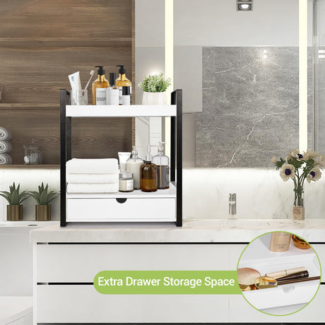 Ukonvi 2-Tier Bathroom Organizer Countertop with Drawer, Wood Counter Shelf for Storage, Vanity Tray for Bathroom Organization and Decor, Countertop Organizer for Kitchen, Office (White) Ukonvi