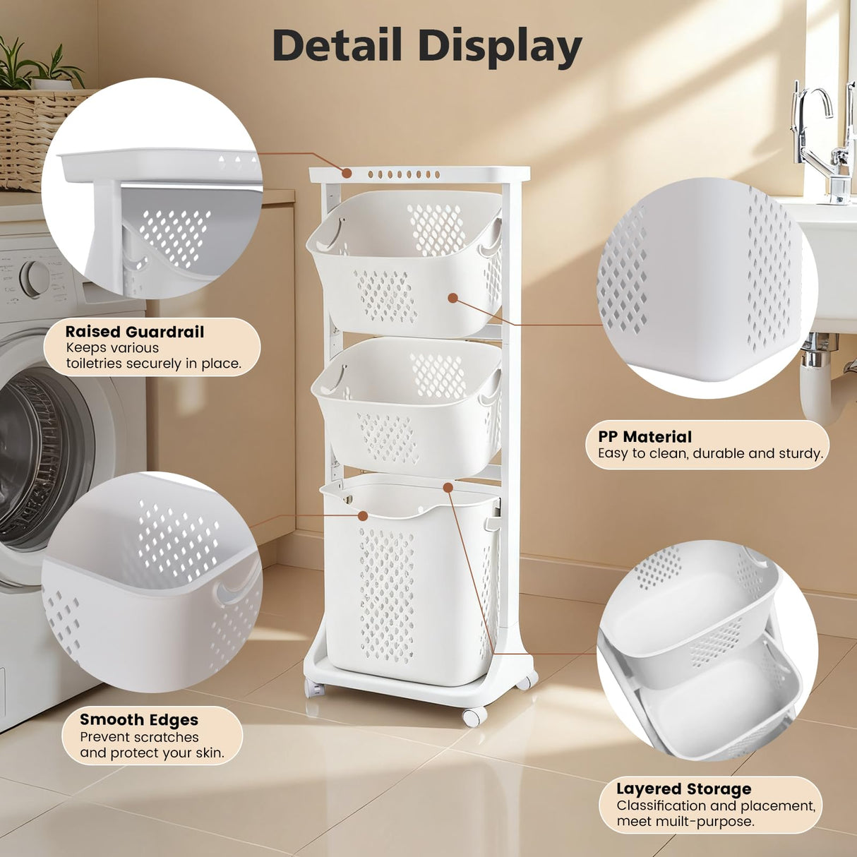 BAOKALER Rolling Laundry Hamper Cart with Wheels, 3 Tier White Laundry Baskets, Clothes Hamper with Portable Storage Baskets for Kitchens, Bathrooms, Bedrooms, Classrooms, Laundry Rooms(75L) BAOKALER