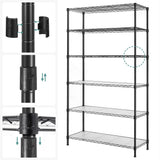 SONGMICS 6-Tier Storage Shelves, Wire Shelving Unit, Kitchen Metal Shelves, Storage Rack with Adjustable Shelves, Shelf Liners, 8 Hooks, for Garage, 13.8 x 35.4 x 69.7 Inches, Black ULGR096B01 SONGMICS
