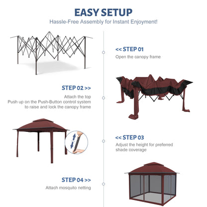 11'X11' Outdoor Gazebo, Pop Up Patio Gazebo with 4 Sidewalls Mosquito Netting, Heavy Duty Gazebo Canopy Tent with Double Air Roofs for Backyards, Patios, Decks, Gardens, Parks (Red)