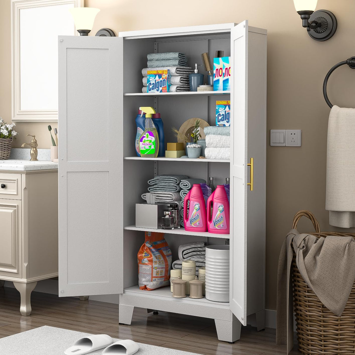 White Metal Pantry Cabinet with 2 Doors and Adjustable Shelves, 61" Kitchen Storage cabinets with Gold Handles, Versatile Storage for Laundry/Living/Dinning Room, Bathroom,Utility Room winiowa