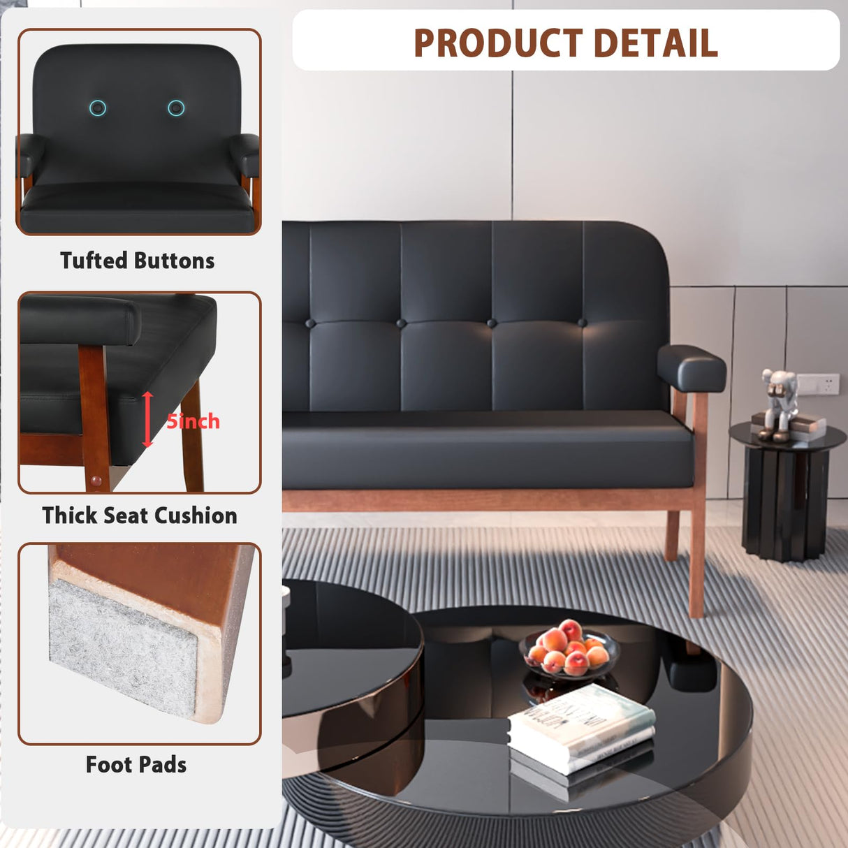 JIASTING 50” Black Leather Love Seat Sofa Couch, Mid Century Modern Small Office Loveseat Couch with Wood Arms, Two Seater Couches for Small Spaces, Living Room, Waiting Room, Bedroom (Black) JIASTING