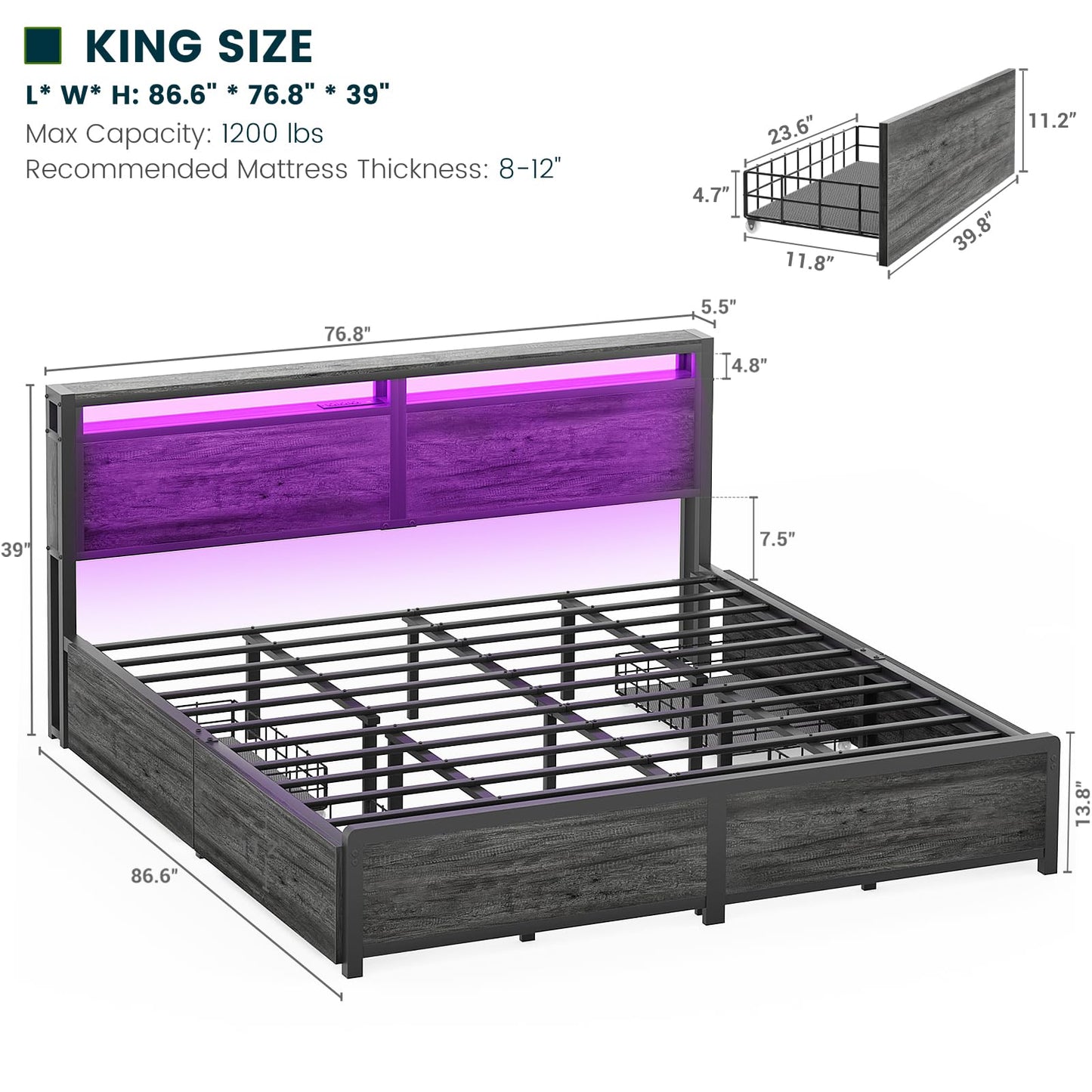 Homieasy King Size Bed Frame with 4 Storage Drawers and Charging Station, Sturdy Platform Bed with Storage Headboard and LED Light, No Box Spring Needed, Easy Assembly, Black Oak