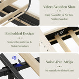 Belffin Queen Size Bed Frame and Headboard, 50.9" Velvet Upholstered Wingback Bedframe with LED Lights & Storage/Charging Station, Button Tufted Tall Footboard, No Box Spring Needed, Noise-Free, Beige Belffin