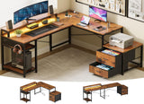 OtterOasis 66" L Shaped Desk with Drawer, 113" 2 Person Desk with Printer Stand, Large Convertible L Shape Gaming Desk with Power Outlet, Computer Desk with Led Light for Home Office, Rustic Brown OtterOasis