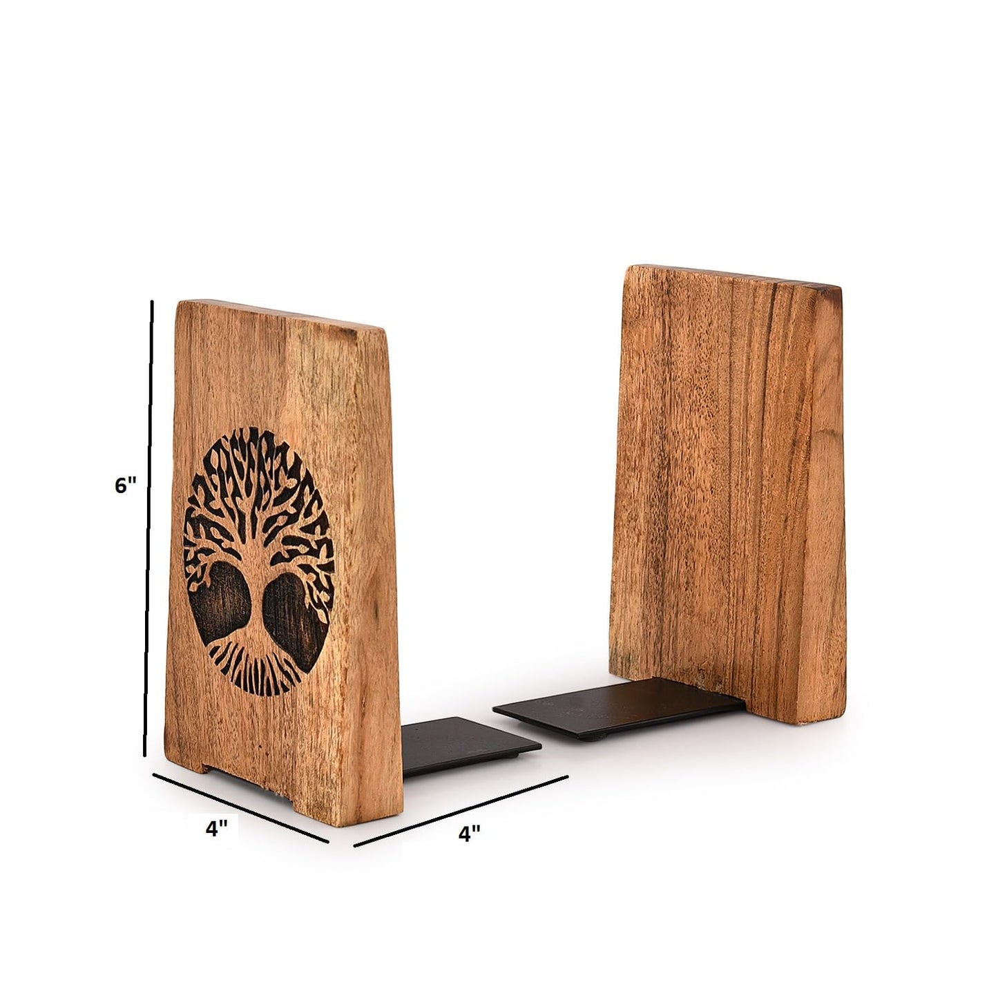 NIRMAN Office Bookends Iron & Acacia Wood Tree of Life Office Bookends for Shelves or Bookcase Heavy Bookends, Home Décor Gift (4" X 4" X 6"), (Set of 2)