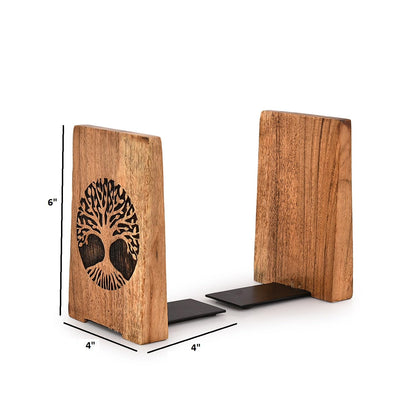 NIRMAN Office Bookends Iron & Acacia Wood Tree of Life Office Bookends for Shelves or Bookcase Heavy Bookends, Home Décor Gift (4" X 4" X 6"), (Set of 2)