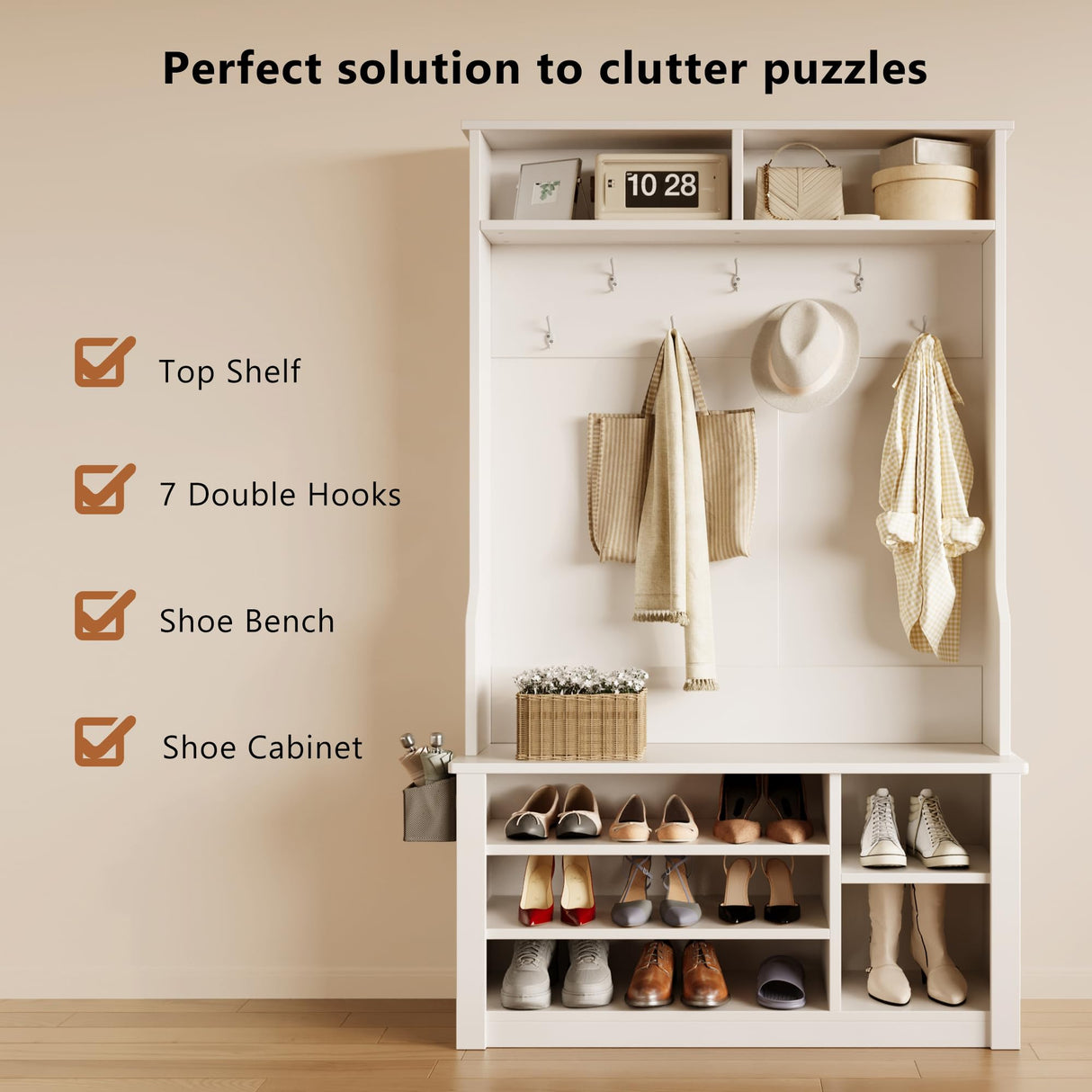 Aiho Hall Tree with Bench and Shoe Storage, 3-in-1 Entryway Bench with Coat Rack, Hall Tree with Bench with Adjustable Shoe Storage, 2-Tier Top Storage, for Entryway, Hallway, White Aiho