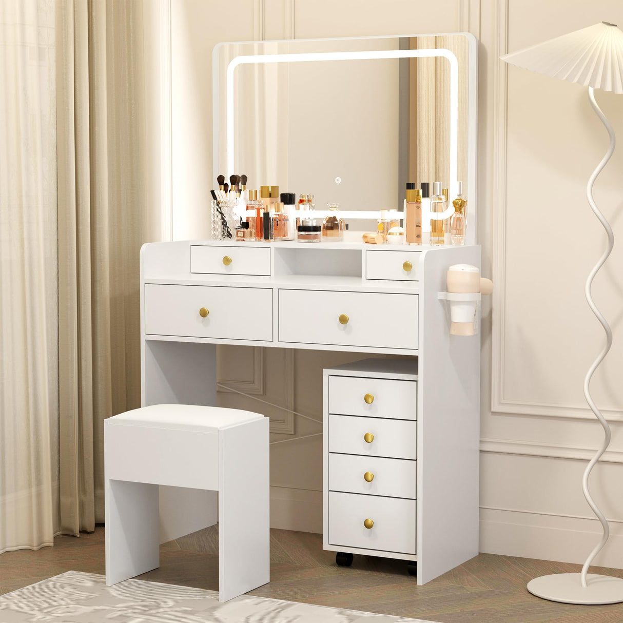 Pamapic Mobile File Cabinet Vanity Desk with Mirror and Lights, 8 Drawers Makeup Vanity Desk with Lights and Upgraded Silent Slides, 3 Lighting Modes Makeup Vanity with Charging Station, White Pamapic