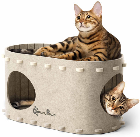DownyPaws Cat House for Indoor Cats, Cat Bed Cave for Multiple & Large Cats Up to 22 Lbs, Scratch Resistant Peekaboo Cat Caves, Foldable Cat Tunnel Enclosed Bed, PeekaPurr, Cream DownyPaws