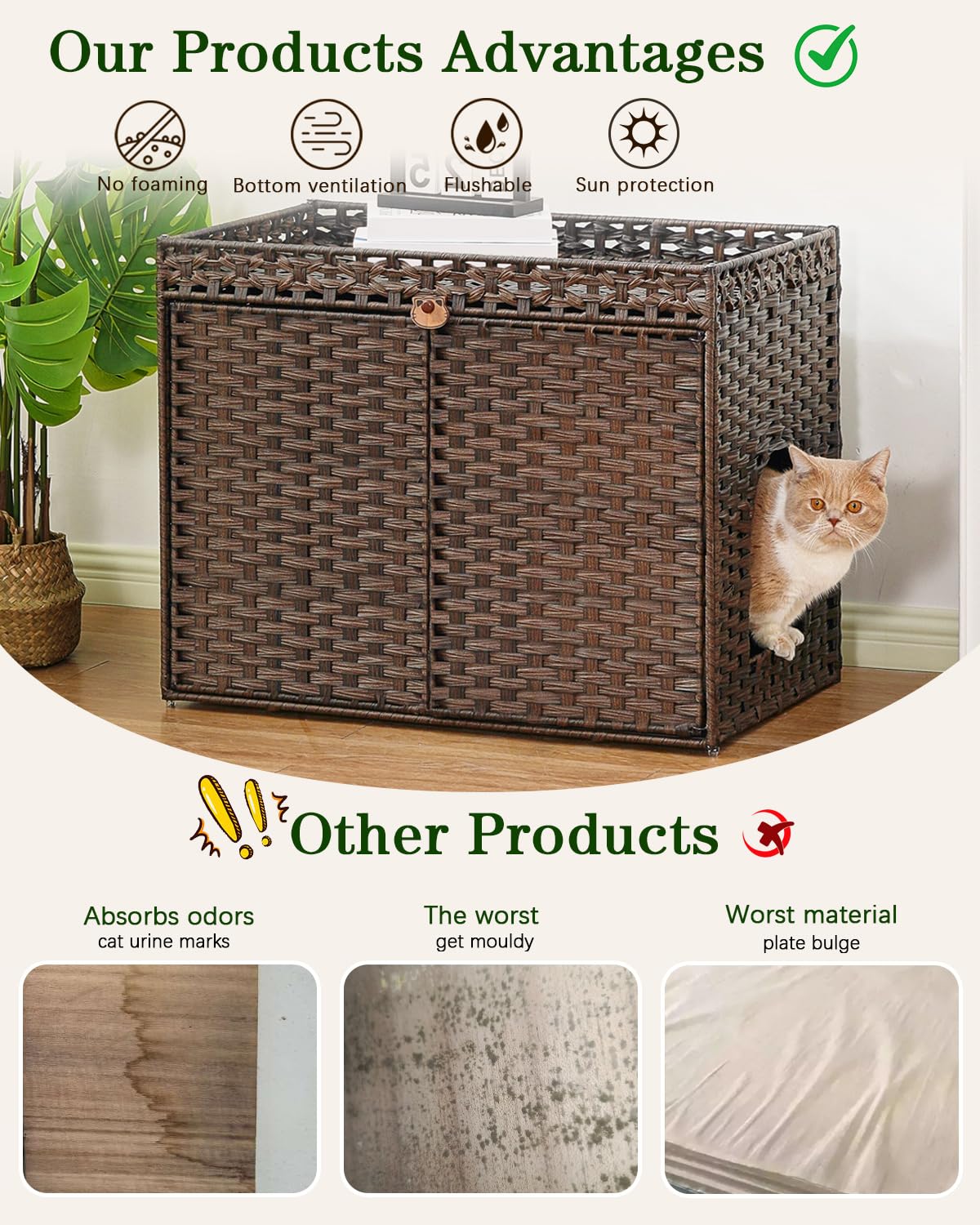 SETVSON Cat Litter Box Enclosure Furniture, Handwoven Rattan Hidden Litter Box with Mat, Large Space Cat House with 2 S-Shaped Hooks, 30.3 x 18.3 x 24.4 Inches, Indoor for Living Room Apartment Brown SETVSON
