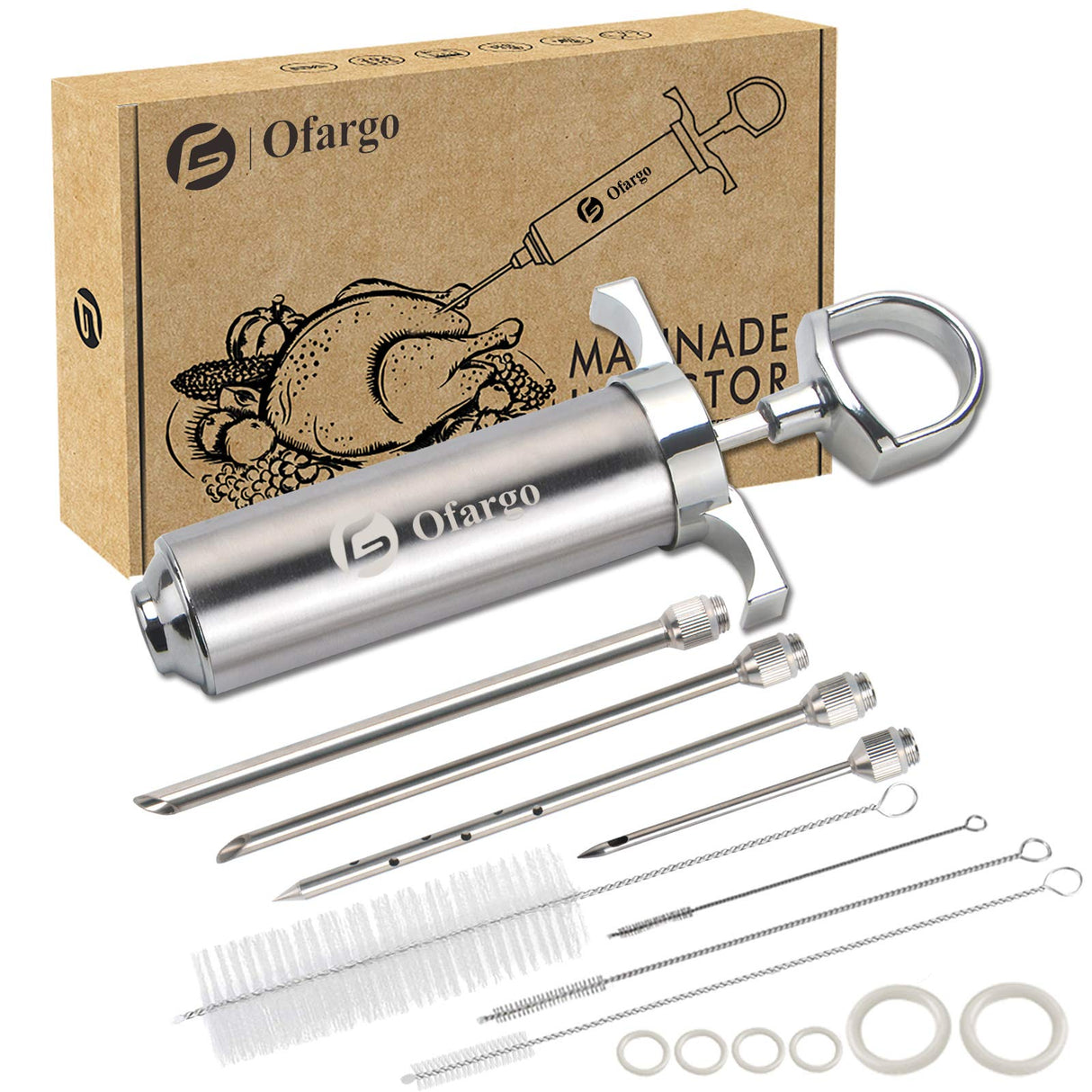 Ofargo 304-Stainless Steel Meat Injector Syringe Kit with 4 Marinade Needles for BBQ Grill Smoker, 2-oz Large Capacity, Both Paper User Manual and E-Book Recipe OFG