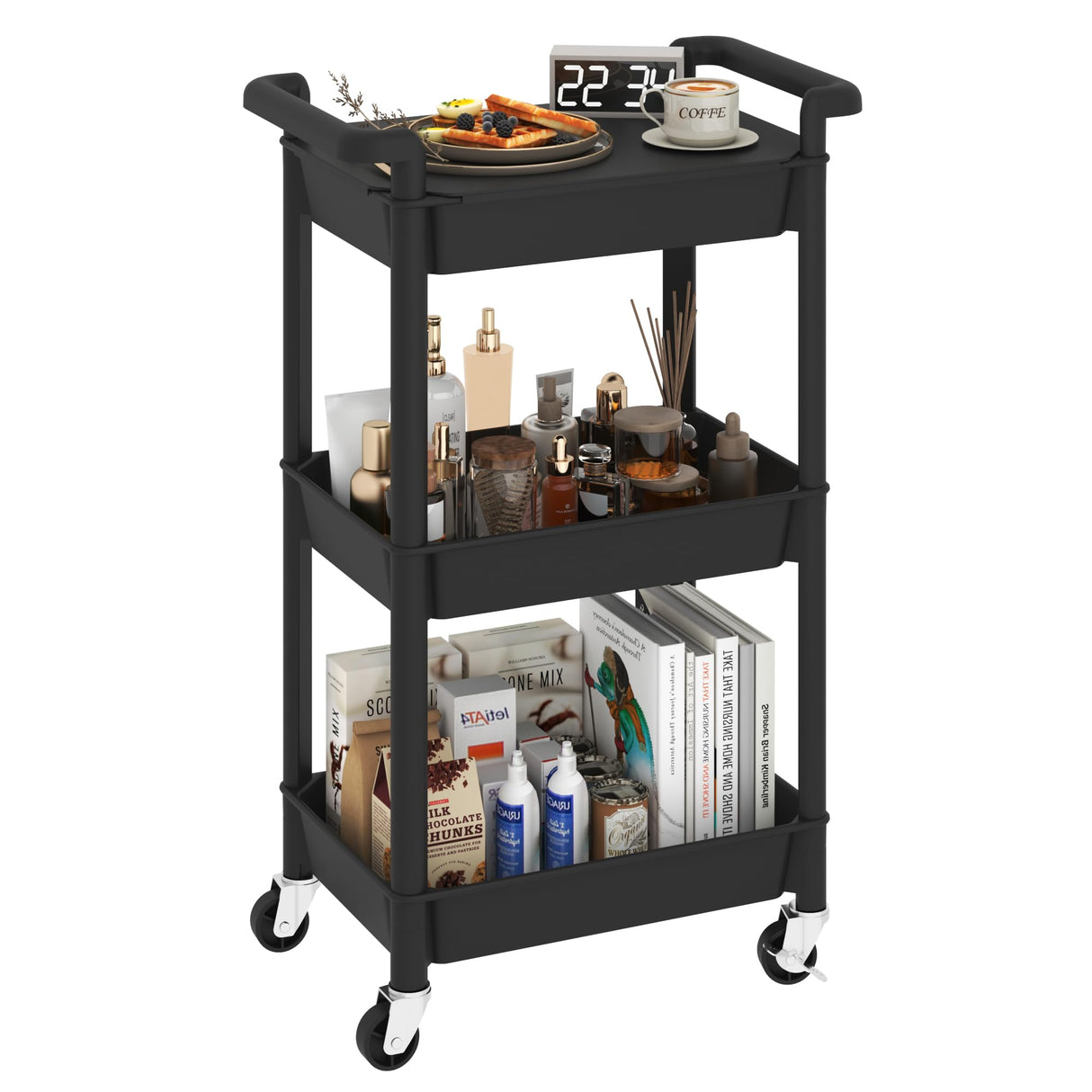 Steehoom 3-Tier Utility Rolling Cart with Cover Top Board, Mobile Utility Cart with Lockable Casters Multi-Functional Storage Trolley for Office, Bathroom, Kitchen, Garden, Laundry Room (Black) Steehoom
