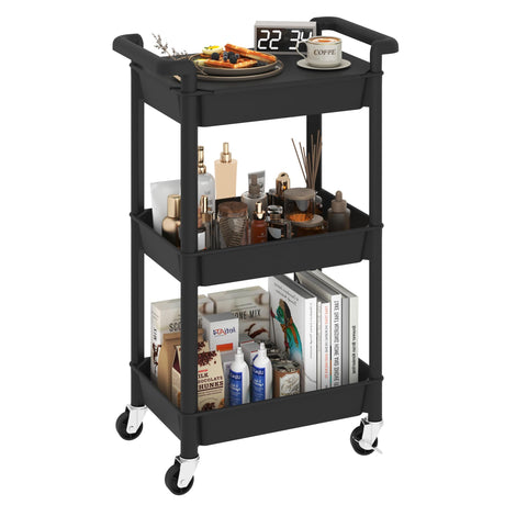 Steehoom 3-Tier Utility Rolling Cart with Cover Top Board, Mobile Utility Cart with Lockable Casters Multi-Functional Storage Trolley for Office, Bathroom, Kitchen, Garden, Laundry Room (Black) Steehoom