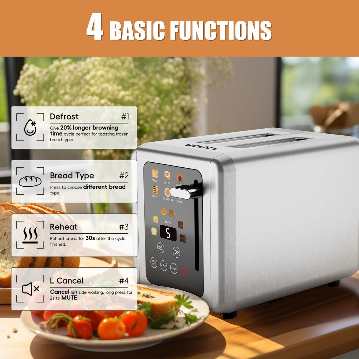 WHALL® Touch Screen Toaster 2 Slice, Stainless Steel Digital Timer Toaster, 6 Bread Types & 6 Shade Settings, Smart Extra Wide Slots Toaster With Bagel, Cancel, Defrost Functions whall