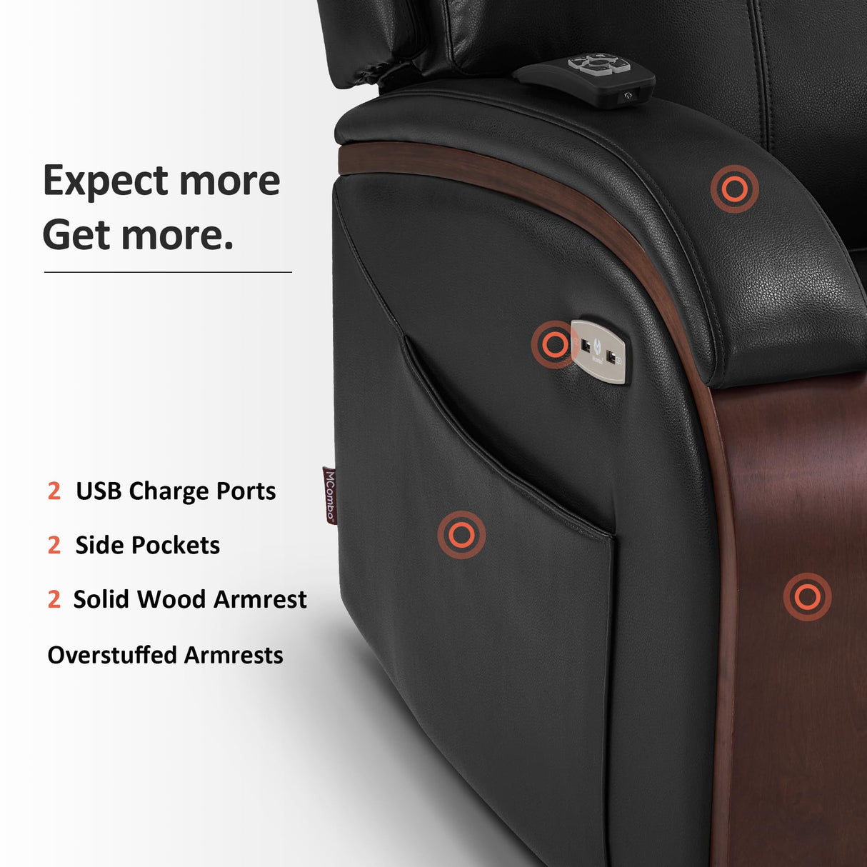 MCombo Power Lift Recliner Chair Sofa with Massage and Heat, Adjustable Headrest for Elderly People, Solid Wood Armrest, USB Ports, Side Pockets, Faux Leather 7917 (Black, Medium) MCombo