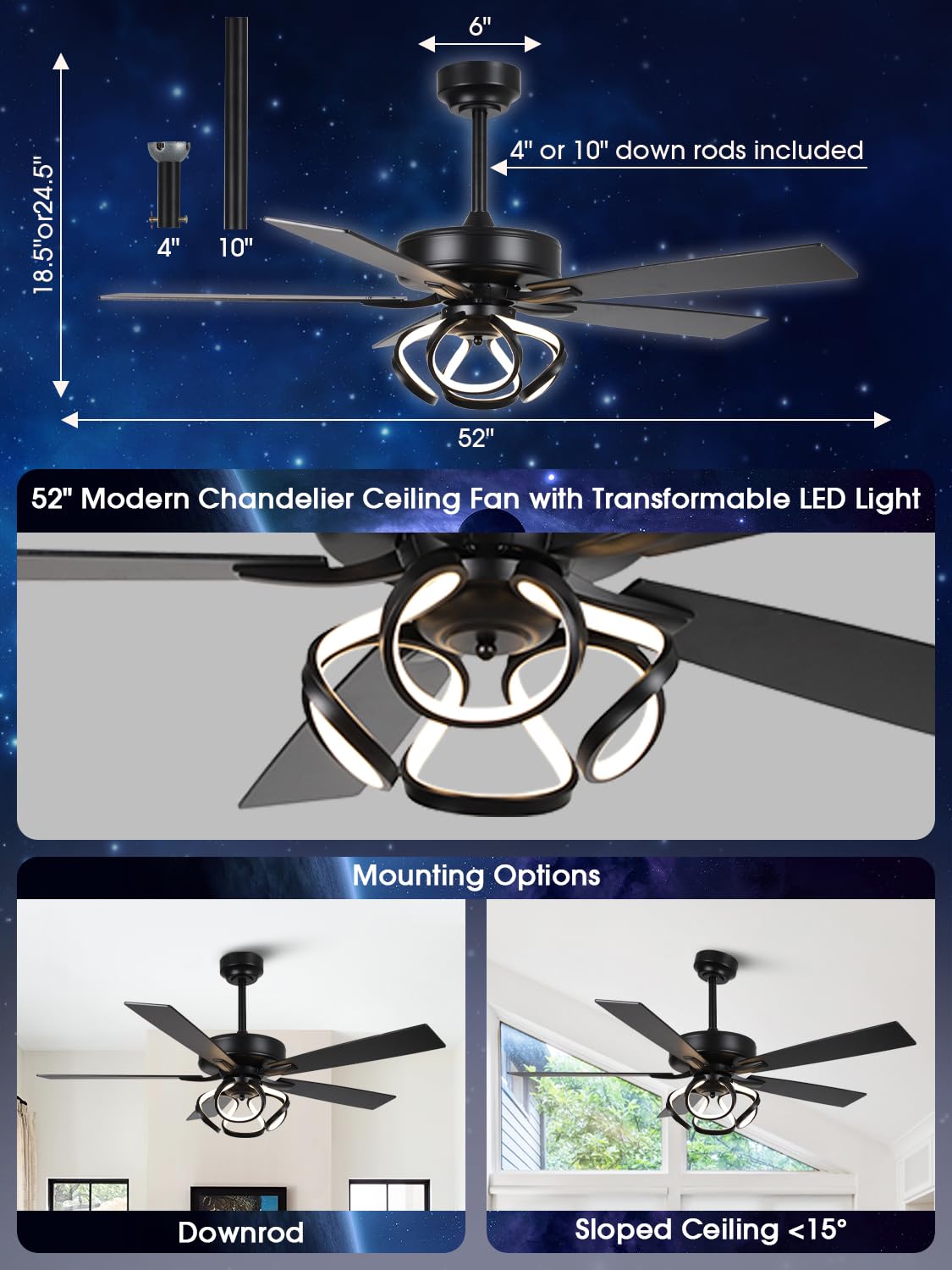 ACEROCK 52 Inch Ceiling Fan with Light, Galaxy-Inspired Design, Reversible Blades, 2100 Lumens LED, Premium 304 Stainless Steel Body, Ultra-Quiet DC Motor, High Airflow (Black) ACEROCK