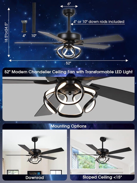 ACEROCK 52 Inch Ceiling Fan with Light, Galaxy-Inspired Design, Reversible Blades, 2100 Lumens LED, Premium 304 Stainless Steel Body, Ultra-Quiet DC Motor, High Airflow (Black) ACEROCK