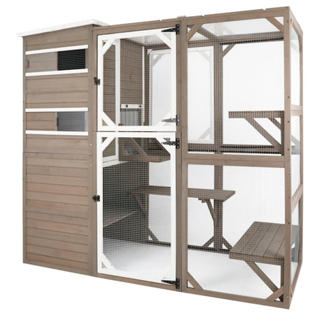 PetsCosset Large Outdoor Catio Cat Enclosures with Hidden Room,4 Story Cat House for Outsider Indoor Cats,Wooden Kitten Cage with Weatherproof Roof,3 Resting Rooms,7 Platforms,2 Open Doors - 77" H PetsCosset