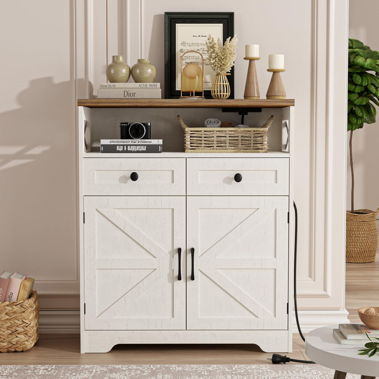 31.5" White Storage Cabinet with Doors & Drawers, Farmhouse Sideboard Buffet Cabinet with Storage, Kitchen Pantry Hutch Cabinet, Coffee Bar Cabinet Table Station for Kitchen, Livingroom, Dining Room FiveWillowise