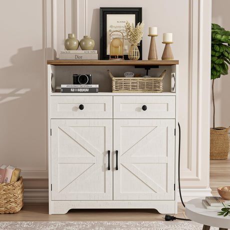31.5" White Storage Cabinet with Doors & Drawers, Farmhouse Sideboard Buffet Cabinet with Storage, Kitchen Pantry Hutch Cabinet, Coffee Bar Cabinet Table Station for Kitchen, Livingroom, Dining Room FiveWillowise